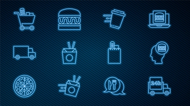 快速送货上门，网上订餐，咖啡杯外带，亚洲面条筷子，购物车食品，汉堡图标。向量图片下载