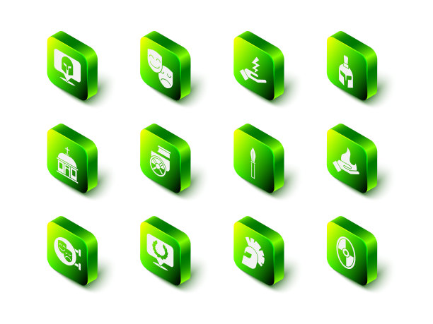 集喜剧和悲剧面具，宙斯，希腊头盔，手持火，盾牌，中世纪的矛，和月桂花环图标。向量图片下载