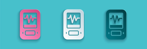 剪纸地震仪图标隔离在蓝色背景。地震模拟地震仪。纸艺风格。向量图片下载