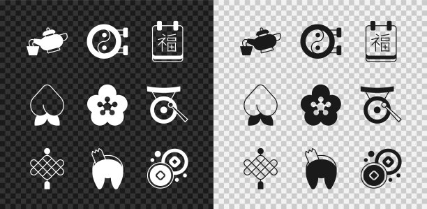 集中国茶道，阴阳符号，新年，纸灯笼，幸运饼干，元货币，桃果油桃和莲花图标。向量图片下载