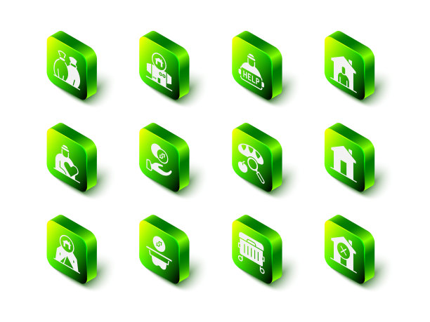 设置无家可归的纸板房子，帮助无家可归者，住房，房地产，没有，搜索食物，垃圾桶和捐款图标。向量图片下载