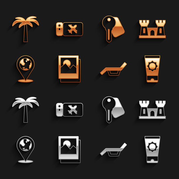 集照片，沙城堡，防晒乳在管，日光浴床伞，位置在地球上，酒店门锁钥匙，热带棕榈树和机票图标。向量图片下载