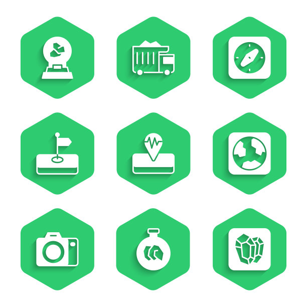 集地震，展览与矿物，岩石，宝石石，地球仪，照相机，国旗，指南针和图标。向量图片下载