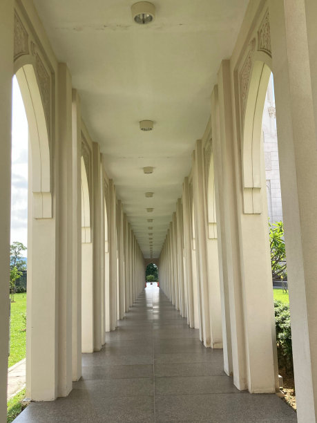 长长的白色圆柱走廊延伸到郁郁葱葱的绿色草地图片下载