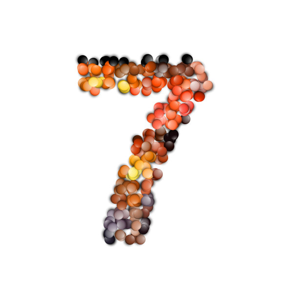 一组由彩色颗粒组成的数字，3d渲染，七个图片下载