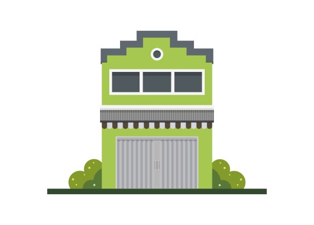 两层楼的商铺建筑，有封闭的折叠门。简单平面插图图片下载