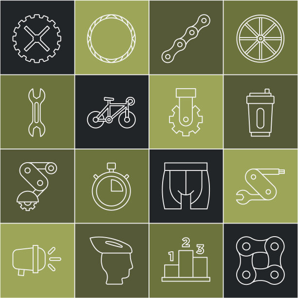 设置线自行车链，瑞士军刀，运动瓶与水，扳手扳手，链轮曲柄和变速器自行车后方图标。向量图片下载