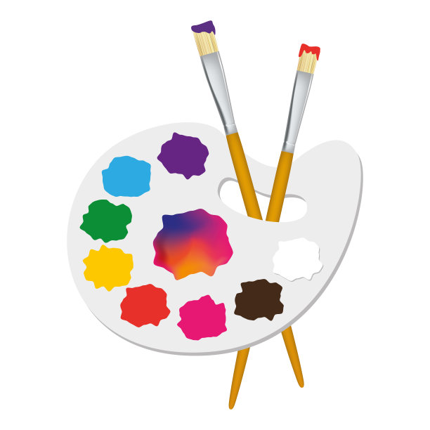 调色板与两刷彩色水彩油画或丙烯酸油漆图片下载