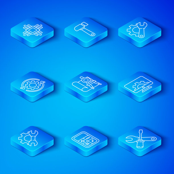 设置线扳手扳手和齿轮，绘图纸指南针，计算器，计算机显示器，齿轮箭头工作流程，处理器与微电路CPU和螺丝刀扳手图标。向量图片下载