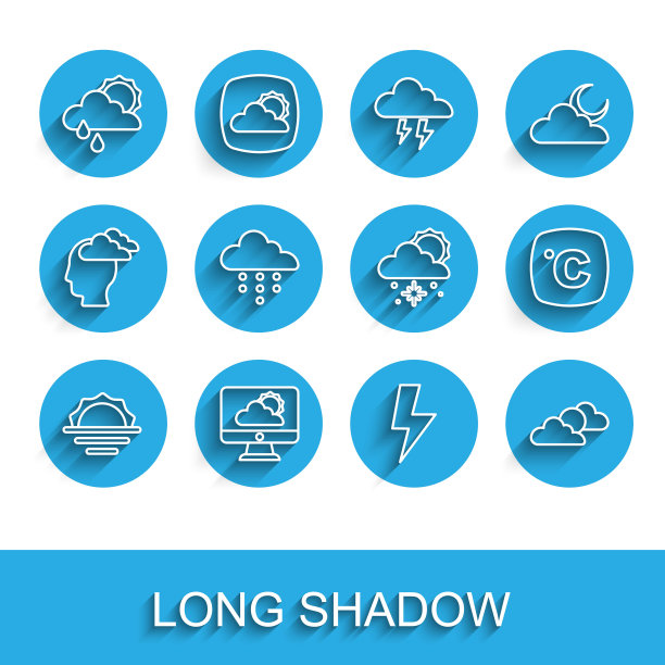 设置线日出，天气预报，云与雨和太阳，闪电，云天气，摄氏度和雪图标。向量图片下载