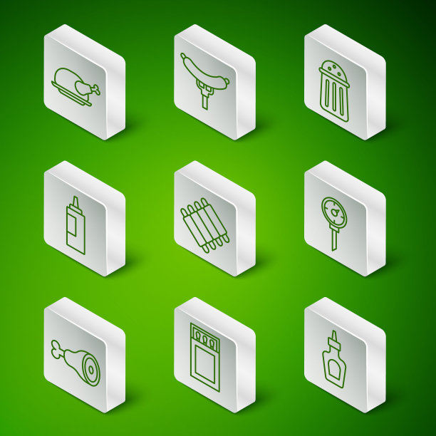 集线酱汁瓶，火柴盒和火柴，烤火鸡或鸡，烤猪肉烧烤排骨，香肠上的叉子，鸡腿和厨房温度计图标。向量图片下载