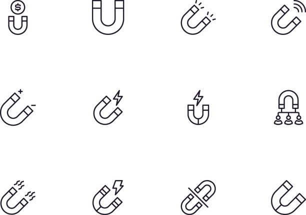 收集现代磁铁轮廓图标。一套现代插图的移动应用程序，网站，传单，横幅等孤立的白色背景。优质标牌。图片下载