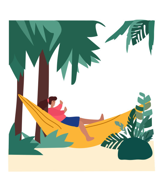 人们斜倚在岸边的吊床上，沉浸在夏日休闲和露天活动的喜悦中。享受休闲时光或在舒适的悬挂秋千上保持生产力。向量。图片下载