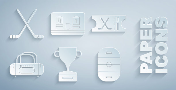 集奖杯，冰球运动门票，运动袋，冰球溜冰场，机械记分牌和棍棒图标。向量图片下载