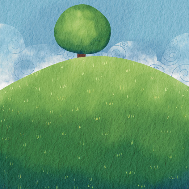 大树在草山与夏季天空水彩插图背景装饰的乡村场景和户外景观。图片下载