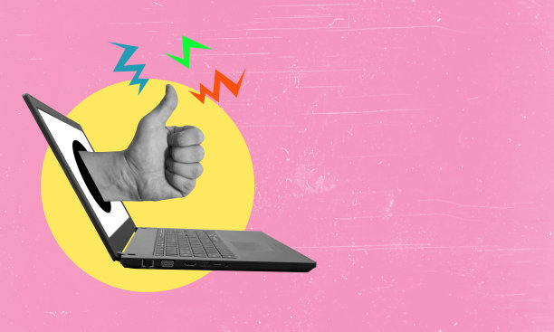 艺术拼贴画，用手指从笔记本电脑上拿出来的粉红色背景图片。图片下载