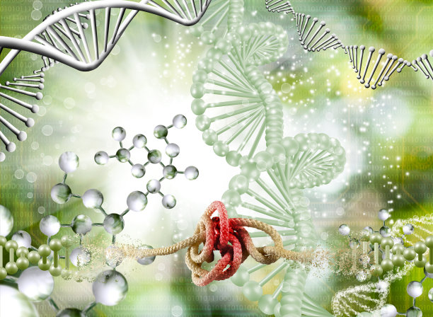 DNA链的中间部分断裂的图像，而不是DNA材料，一根结在一起的绳子被显示为一项艰巨任务的象征，背景是一个带有程式化DNA链的抽象视图图片下载