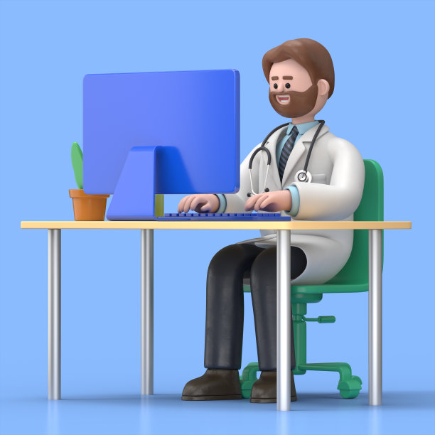 男医生艾弗森的3D插图工作与笔记本电脑和文书工作。医院的背景。在蓝色背景上隔离的医学演示剪贴画图片下载