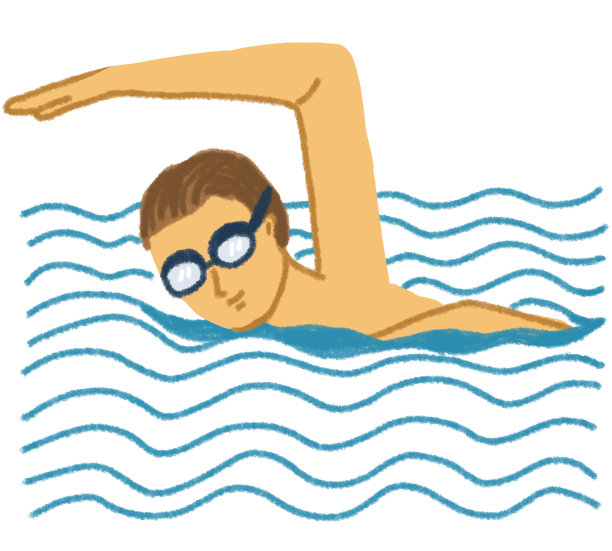 在波浪中游泳的人。夏季户外活动隔离在白色背景上。手绘粉彩，蜡笔，油彩和粉笔插图图片下载