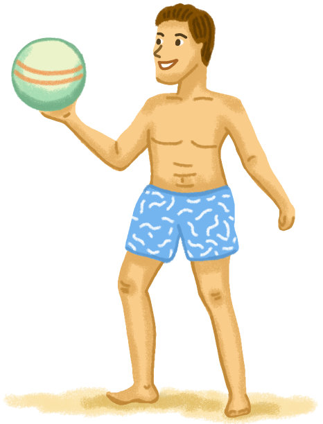 在沙滩上拿着沙滩球的微笑男人人物插画，白色背景隔离，手绘粉彩蜡笔油画棒和粉笔插图图片下载