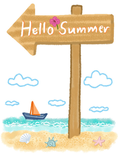 木制的指示牌指示着“你好，夏天”的方向，帆船的海云和白色背景上孤立的海滩。手绘粉彩，蜡笔，油彩和粉笔插图图片下载