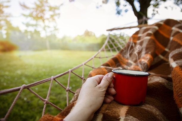 在吊床上喝茶，享受大自然的绿色图片下载