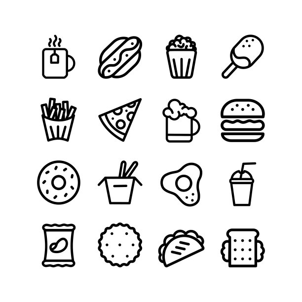 快餐矢量图标集与文本。披萨、墨西哥卷饼、汉堡包、薯条、土豆、爆米花、拉面汤、热狗、爆米花、冰淇淋、薯条、热狗、甜甜圈、三明治。图片下载