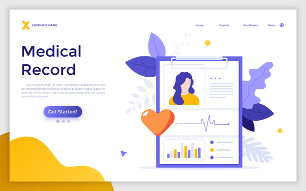 登陆页模板，上面有平板电脑或书写板，上面有病人的诊断。病案概念、监测诊断、健康指标。现代平面矢量插图的网站。图片下载