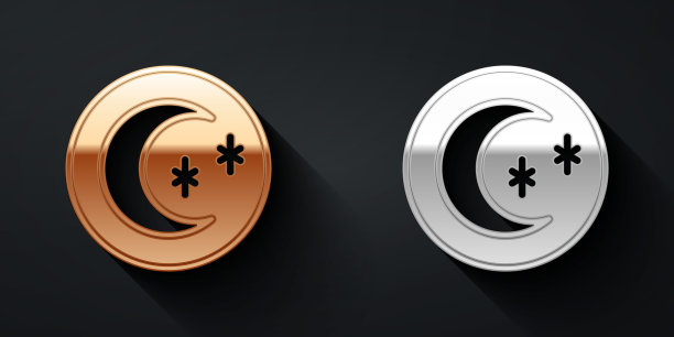 金色和银色的月亮和星星图标孤立的黑色背景。多云的夜晚标志。梦是睡眠的象征。满月。晚上或睡觉时间标志。长影式。向量图片下载