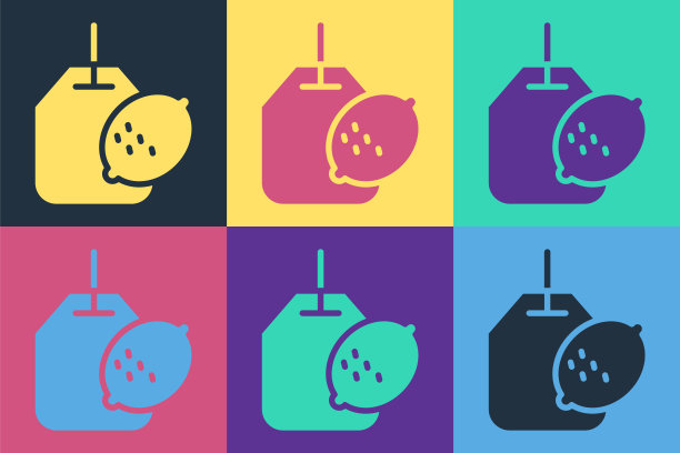 波普艺术茶包与柠檬图标孤立的彩色背景。向量图片下载