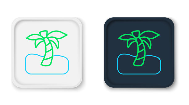 热带棕榈树图标线孤立的白色背景。椰子树。色彩缤纷的轮廓概念。向量图片下载