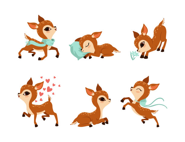 可爱的小棕色小鹿矢量素材：戴着围巾在枕头上睡觉、跳跃和闻花图片下载