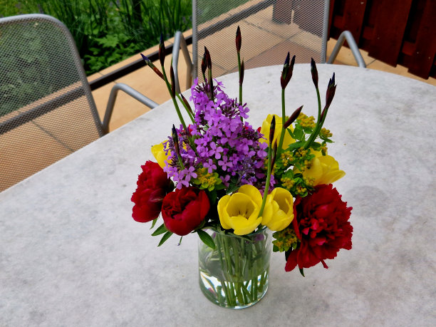 在花园或餐馆的桌子上放着一瓶草地花的露台。牡丹、鸢尾花和黄色郁金香放在一个圆柱形的玻璃容器里。鲜艳的花朵从图片下载
