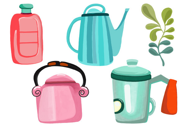 水彩和绘画复古水壶集露营和冒险在森林孤立的白色背景。数字绘画的图标插图。图片下载