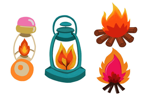 水彩和绘画复古压力灯或灯笼和篝火恢复露营和冒险在森林孤立的白色背景。数字绘画的图标插图。图片下载