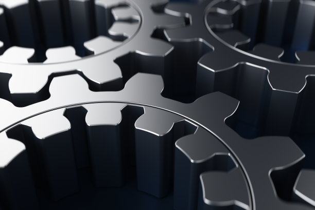 金属齿轮在蓝色背景上的特写。3d渲染图。图片下载