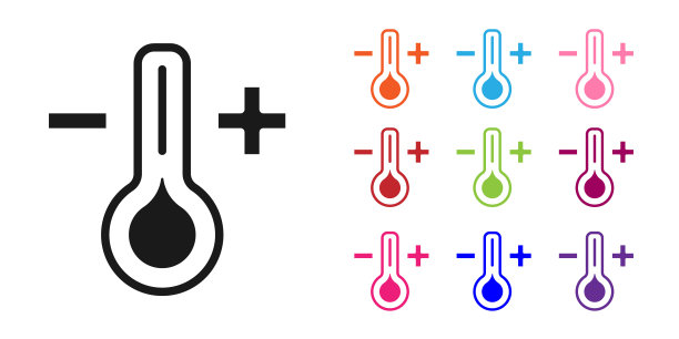 黑色气象温度计测量图标孤立的白色背景。温度计设备显示热或冷的天气。设置图标彩色。向量图片下载
