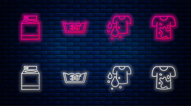 设置线温洗涤，脏t恤，洗衣机和。砖墙上发光的霓虹灯图标。向量图片下载