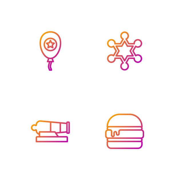 准备好汉堡，大炮，气球和六角星警长。渐变颜色图标。向量图片下载