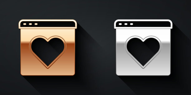 黄金和白银约会应用程序在线笔记本电脑的概念图标孤立的黑色背景。女性男性轮廓扁平设计。夫妻关系的匹配。长影式。向量图片下载