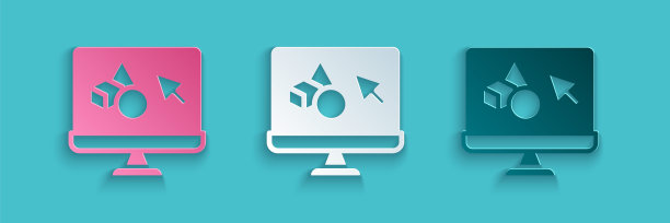 剪纸3D打印机软件图标隔离在蓝色背景。3 d打印技术。纸艺风格。向量图片下载