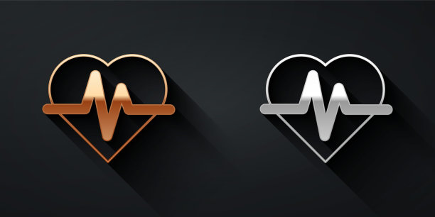 金和银的心率图标孤立的黑色背景。心跳信号。心脏脉搏图标。心电图图标。长影式。向量图片下载