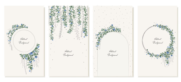 一组垂直的社交媒体背景在乡村风格与悬垂的藤蔓，树叶和蓝色的花朵。向量图片下载