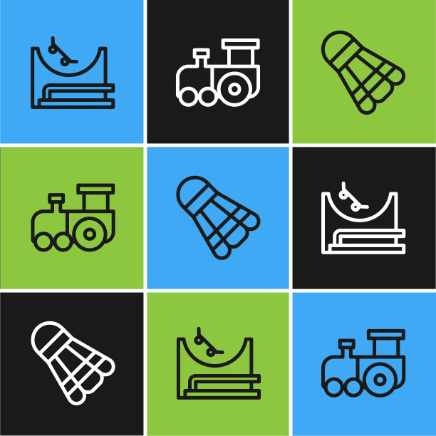 设置线滑板公园，羽毛球，羽毛球和玩具火车图标。向量图片下载