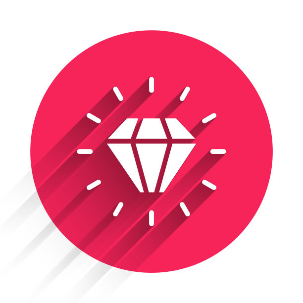 白色钻石图标孤立的长阴影。首饰的象征。宝石石头。红色圆圈按钮。向量图片下载