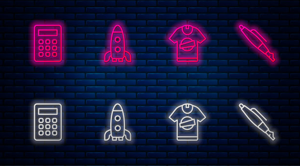设线火箭船，t恤，计算器和钢笔笔尖。砖墙上发光的霓虹灯图标。向量图片下载