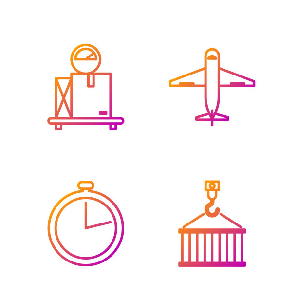 在起重机上设置线箱，秒表，用纸板箱和飞机的秤。渐变颜色图标。向量图片下载