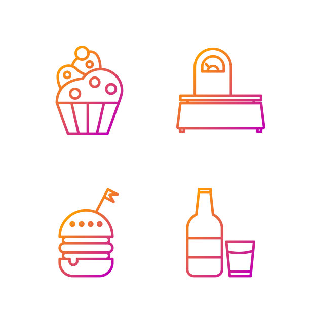 设置线玻璃瓶牛奶和玻璃，汉堡，纸杯蛋糕和天平。渐变颜色图标。向量图片下载