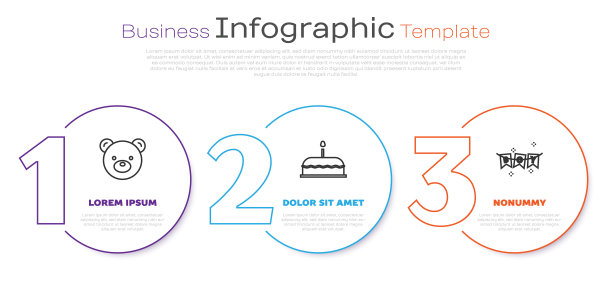 设置线泰迪熊毛绒玩具，蛋糕与燃烧的蜡烛和嘉年华花环与旗帜。业务信息图表模板。向量图片下载