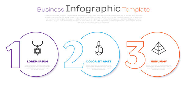 设置线条：链上的大卫之星项链、光明节陀螺和埃及金字塔。商业信息图表模板。矢量图形图片下载